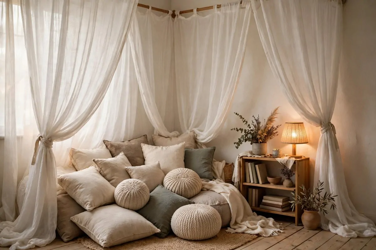 22 Home Library Ideas Cozy Enough to Get Lost In 10 Bedroom corner with sheer canopy curtains around floor cushions and a bookshelf