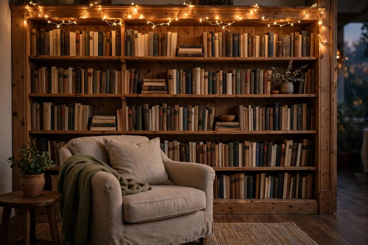 22 Home Library Ideas Cozy Enough to Get Lost In 11 Wooden bookshelves with warm fairy lights draped along the top