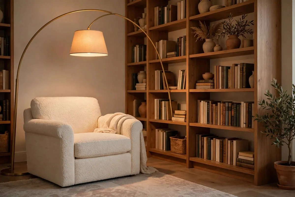 22 Home Library Ideas Cozy Enough to Get Lost In 12 Cream boucle armchair beside tall wooden bookshelves with an arched lamp