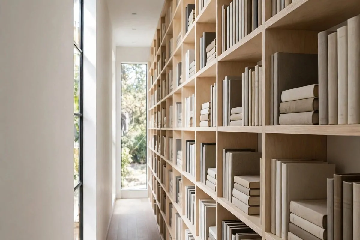 22 Home Library Ideas Cozy Enough to Get Lost In 13 Narrow bright room with slim light-wood bookshelves on one wall