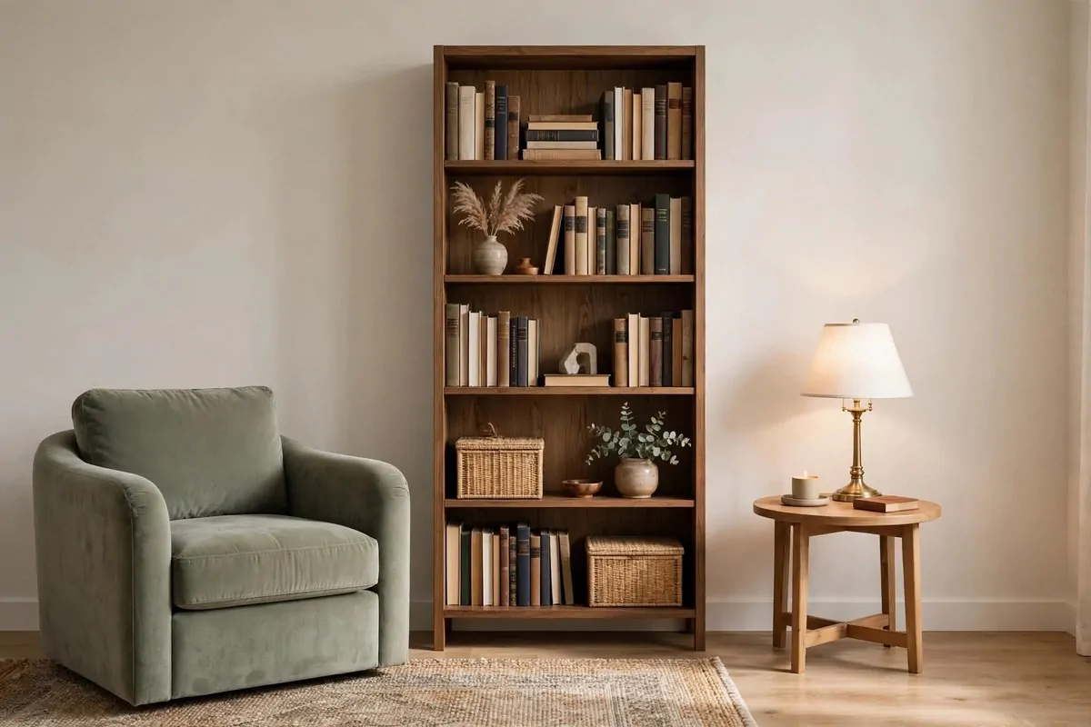 22 Home Library Ideas Cozy Enough to Get Lost In 14 Tall bookshelf centered on a wall with armchair and side table