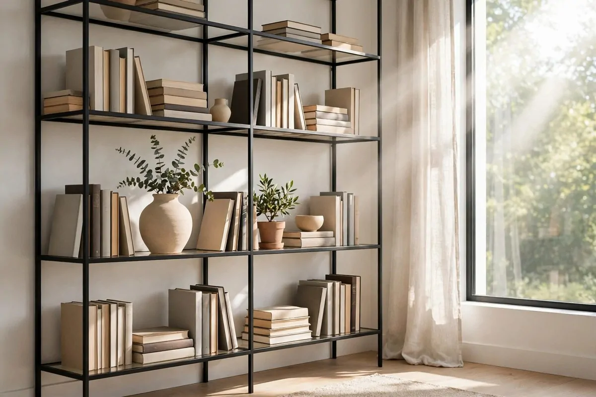 22 Home Library Ideas Cozy Enough to Get Lost In 15 Airy room with open black metal-frame bookshelves