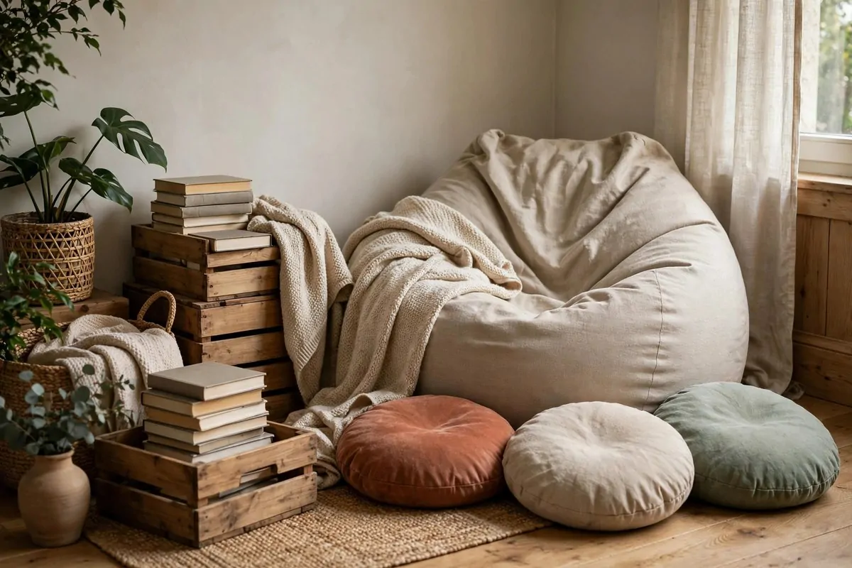 22 Home Library Ideas Cozy Enough to Get Lost In 16 Casual reading corner with bean bag chair and floor cushions beside book crates