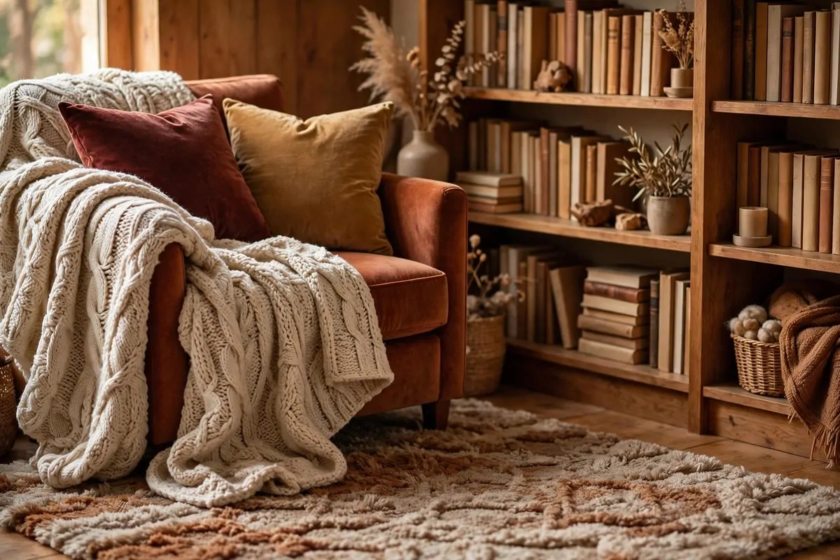 22 Home Library Ideas Cozy Enough to Get Lost In 17 Cozy reading corner layered with knit throws, velvet pillows and a thick rug