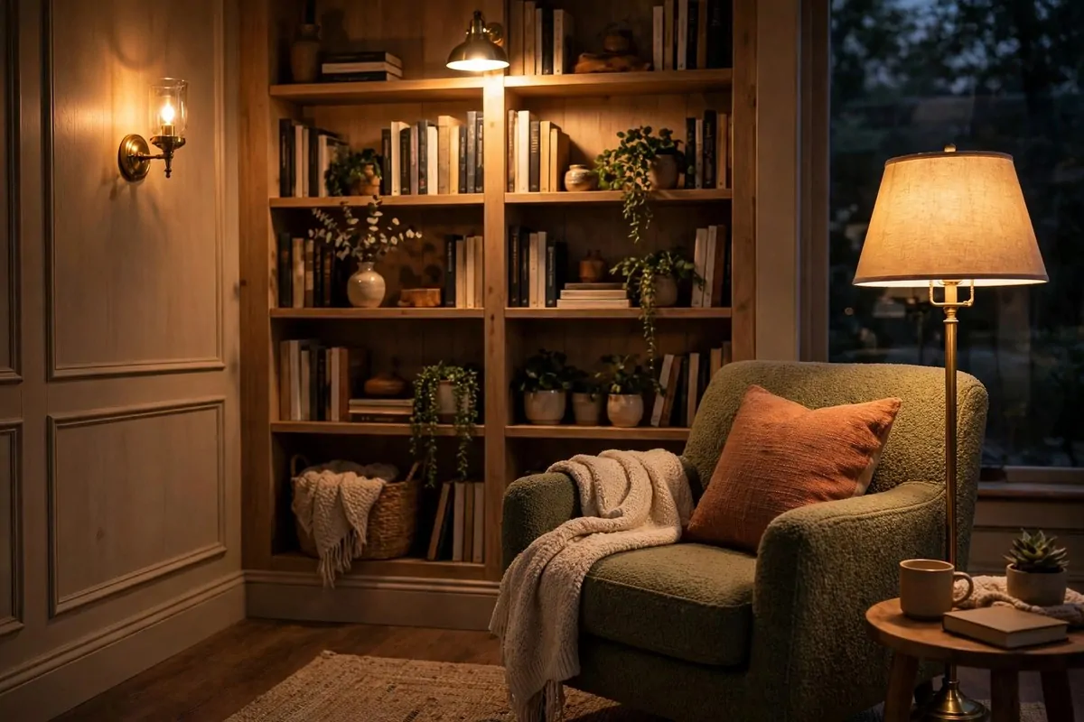 22 Home Library Ideas Cozy Enough to Get Lost In 18 Evening reading nook lit by wall sconce, floor lamp and picture light