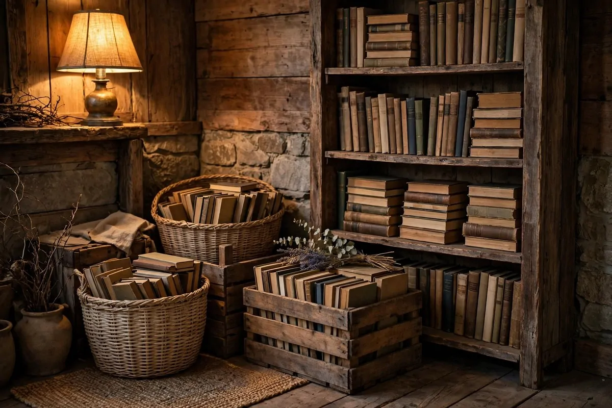 22 Home Library Ideas Cozy Enough to Get Lost In 19 Rustic corner with woven baskets and wooden crates filled with books