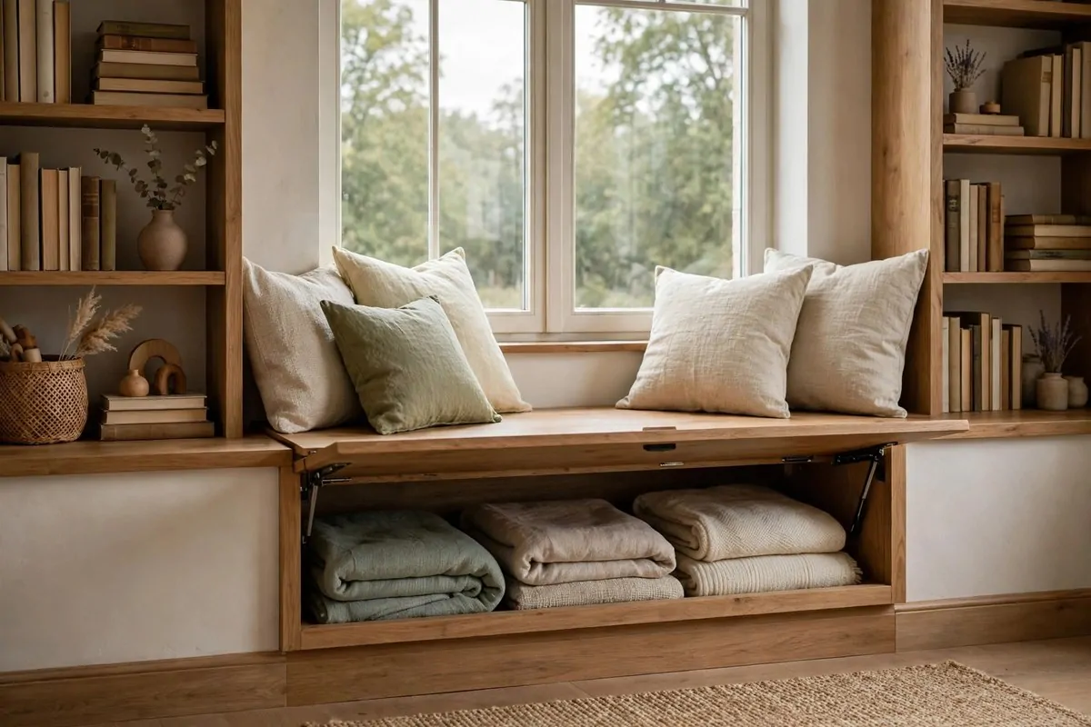 22 Home Library Ideas Cozy Enough to Get Lost In 21 Window bench with open storage lid showing blankets, bookshelves beside