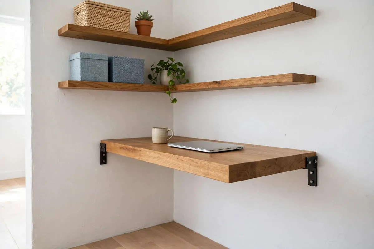 22 Home Office Nook Designs Tucked Into Tiny Corners 1 Floating wooden desk mounted in a small corner with empty floor beneath and shelves above