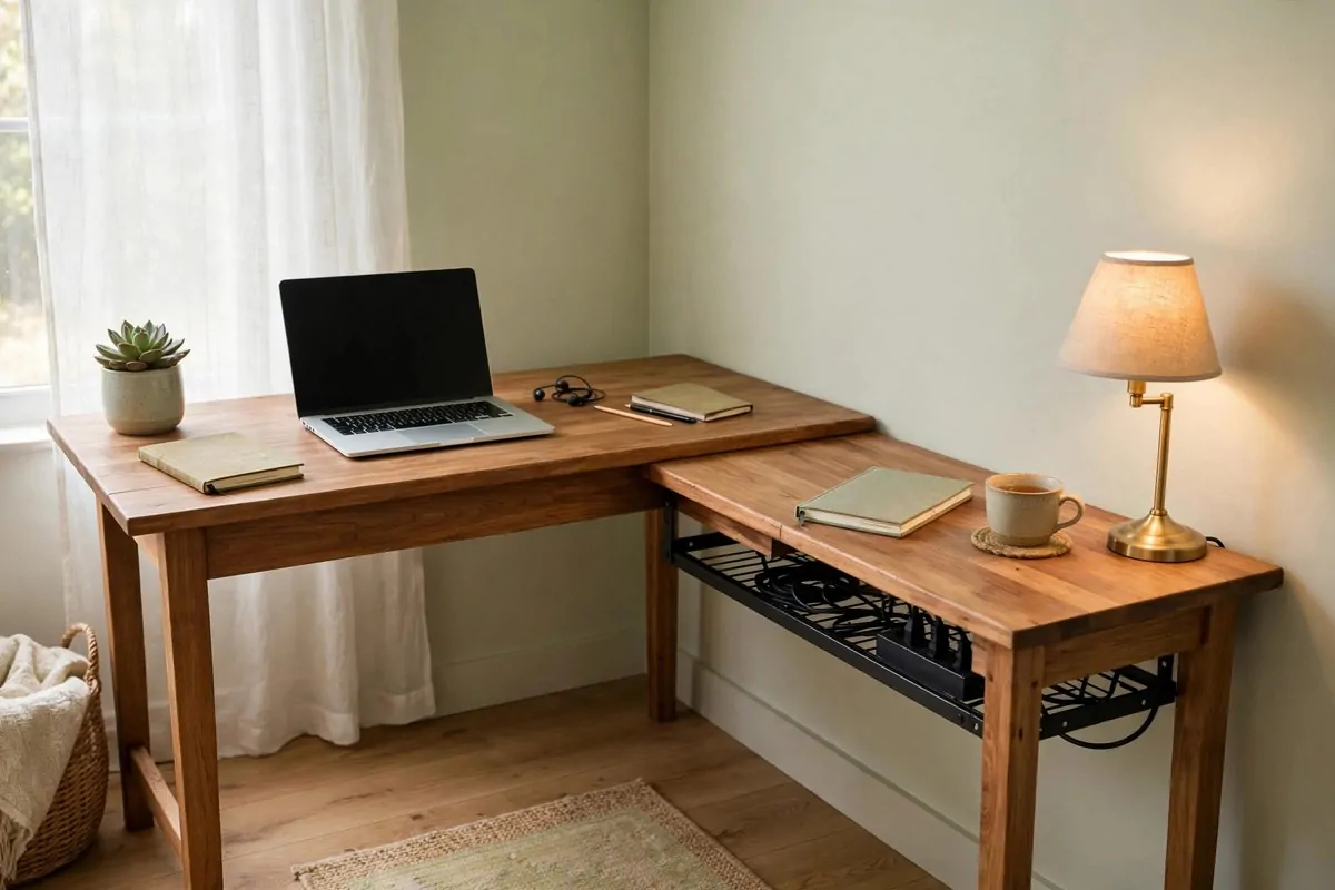 22 Home Office Nook Designs Tucked Into Tiny Corners 2 L-shaped wooden desk wrapping around a corner with laptop and lamp on one side