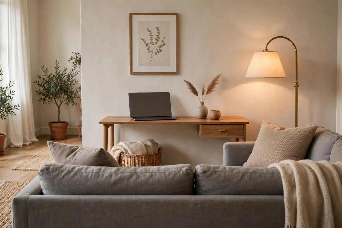 22 Home Office Nook Designs Tucked Into Tiny Corners 4 Slim console desk behind a sofa in a living room used as a home office nook