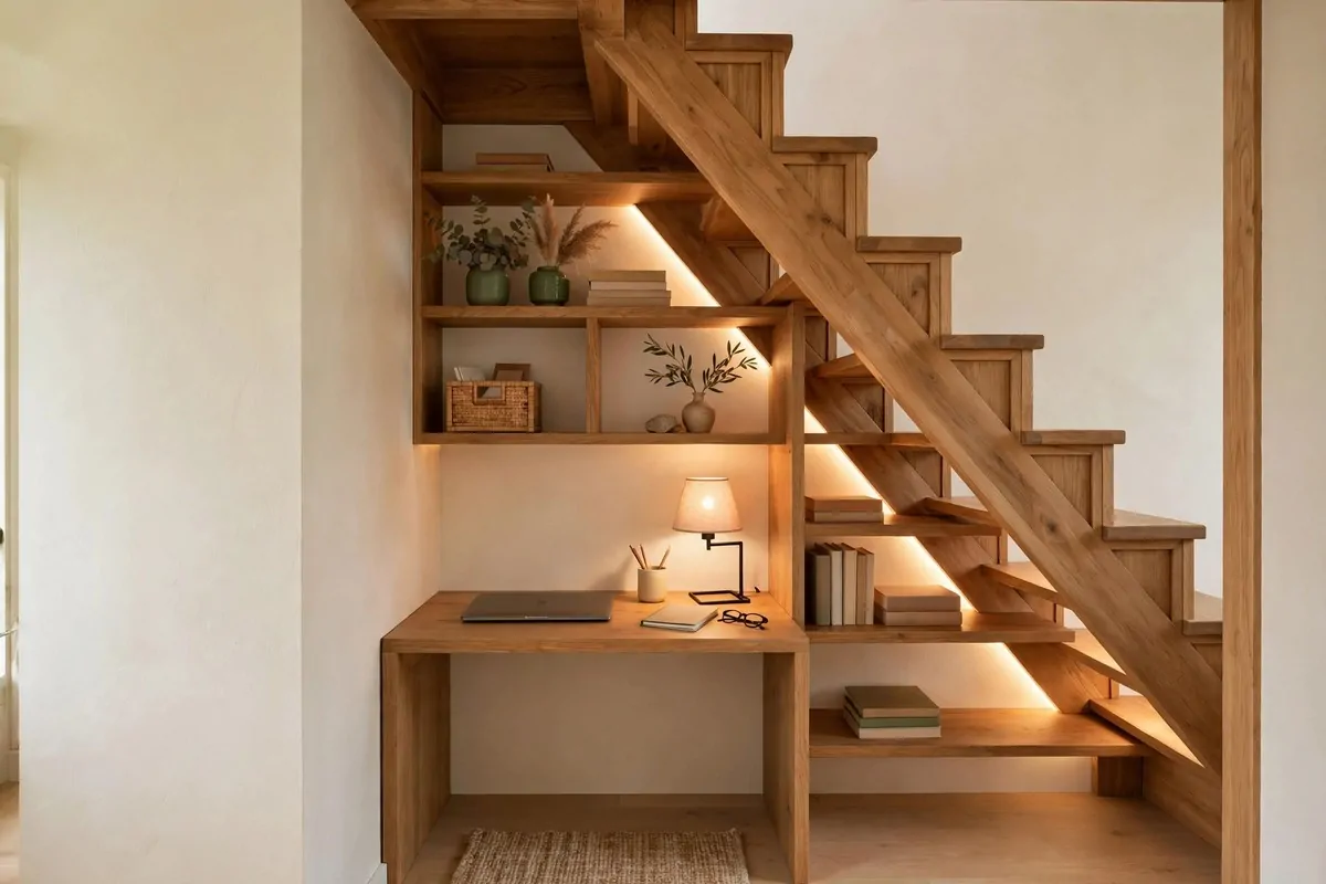 22 Home Office Nook Designs Tucked Into Tiny Corners 5 Compact desk and shelves fitted under a staircase with sloped ceiling