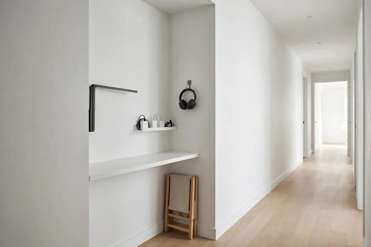 22 Home Office Nook Designs Tucked Into Tiny Corners 6 Shallow floating desk in a hallway nook with wall lamp and storage