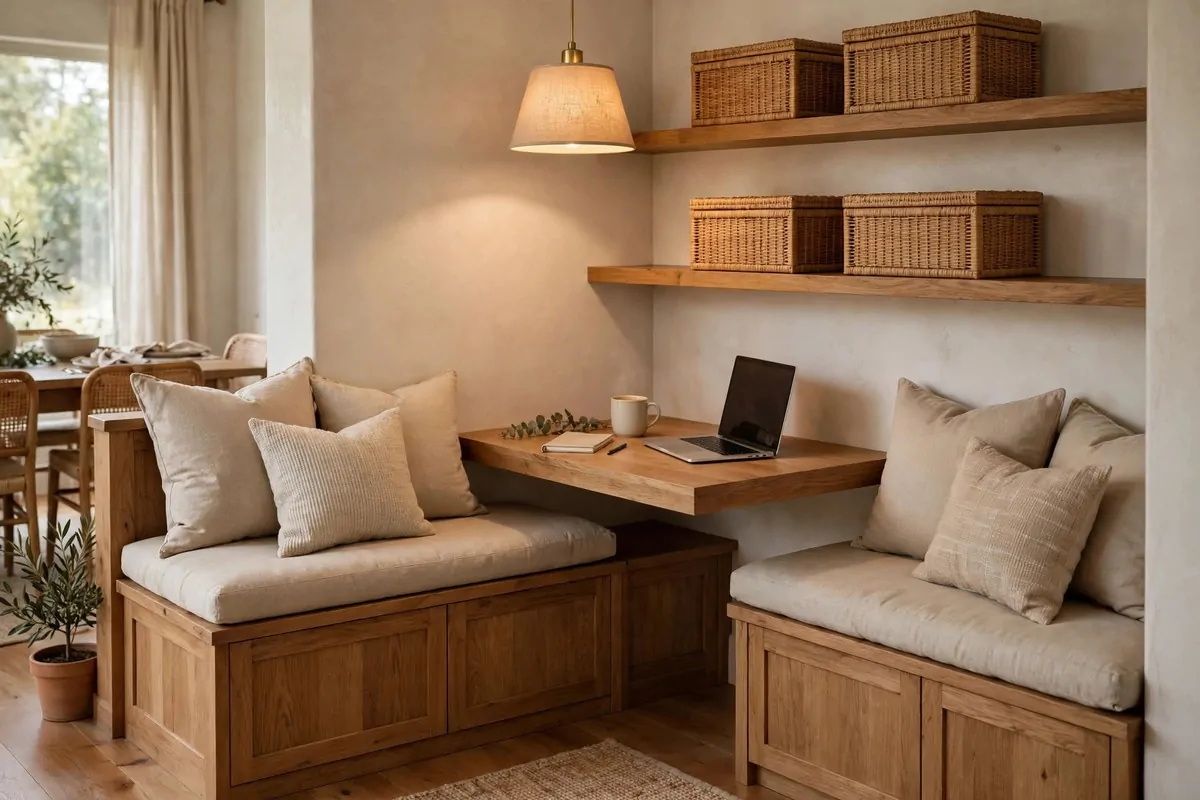 22 Home Office Nook Designs Tucked Into Tiny Corners 7 Built-in bench seat under a wall with a desk running into a corner