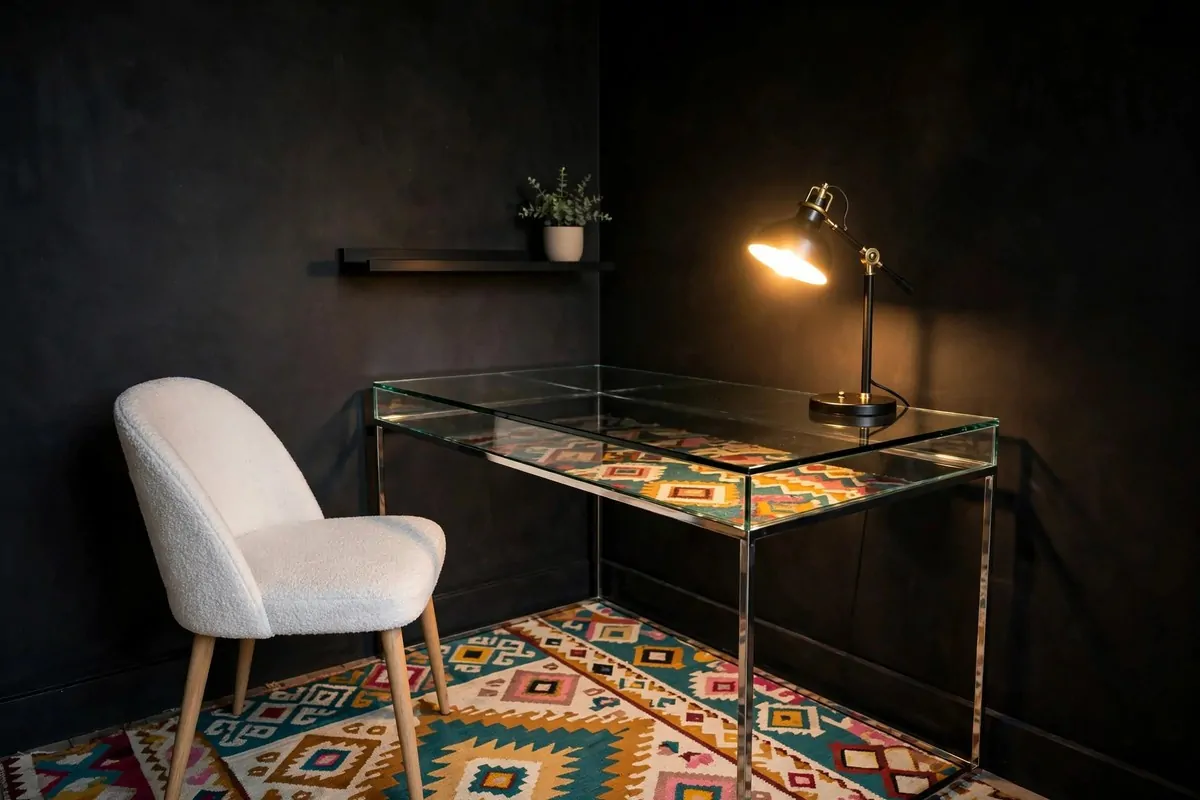 22 Home Office Nook Designs Tucked Into Tiny Corners 8 Clear glass desk in a dark corner with light chair keeping the nook airy