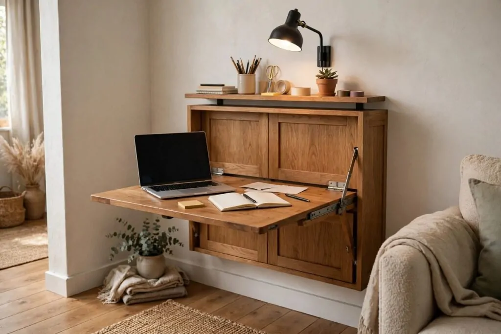 22 Home Office Nook Designs Tucked Into Tiny Corners 9 Fold-down wall desk shown open with laptop in a corner and folded look