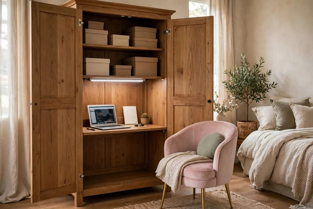 22 Home Office Nook Designs Tucked Into Tiny Corners 10 Tall corner armoire cabinet with doors open revealing a hidden desk inside