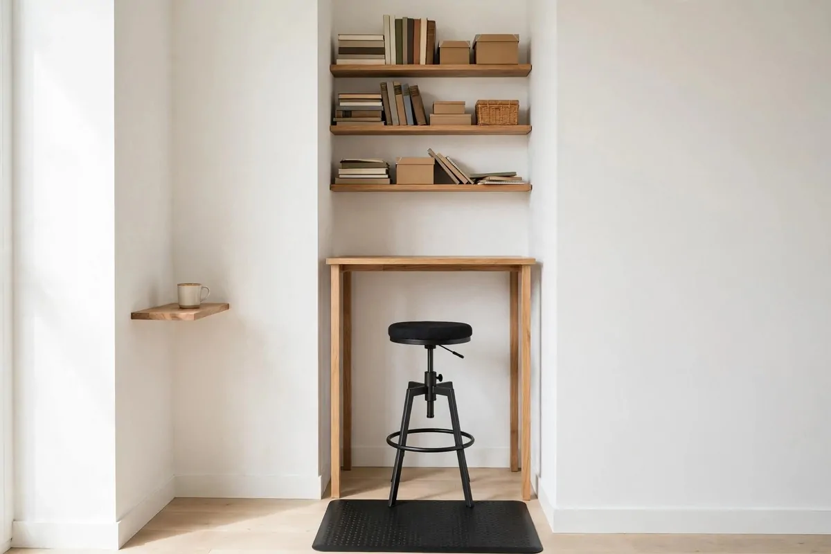 22 Home Office Nook Designs Tucked Into Tiny Corners 11 Slim tall standing-height desk in a corner with a stool and vertical shelving