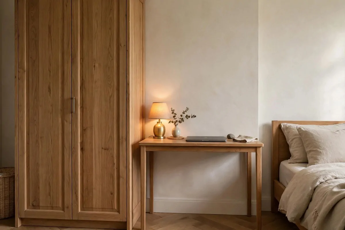 22 Home Office Nook Designs Tucked Into Tiny Corners 12 Narrow wooden desk in a bedroom corner beside a wardrobe with soft neutral decor