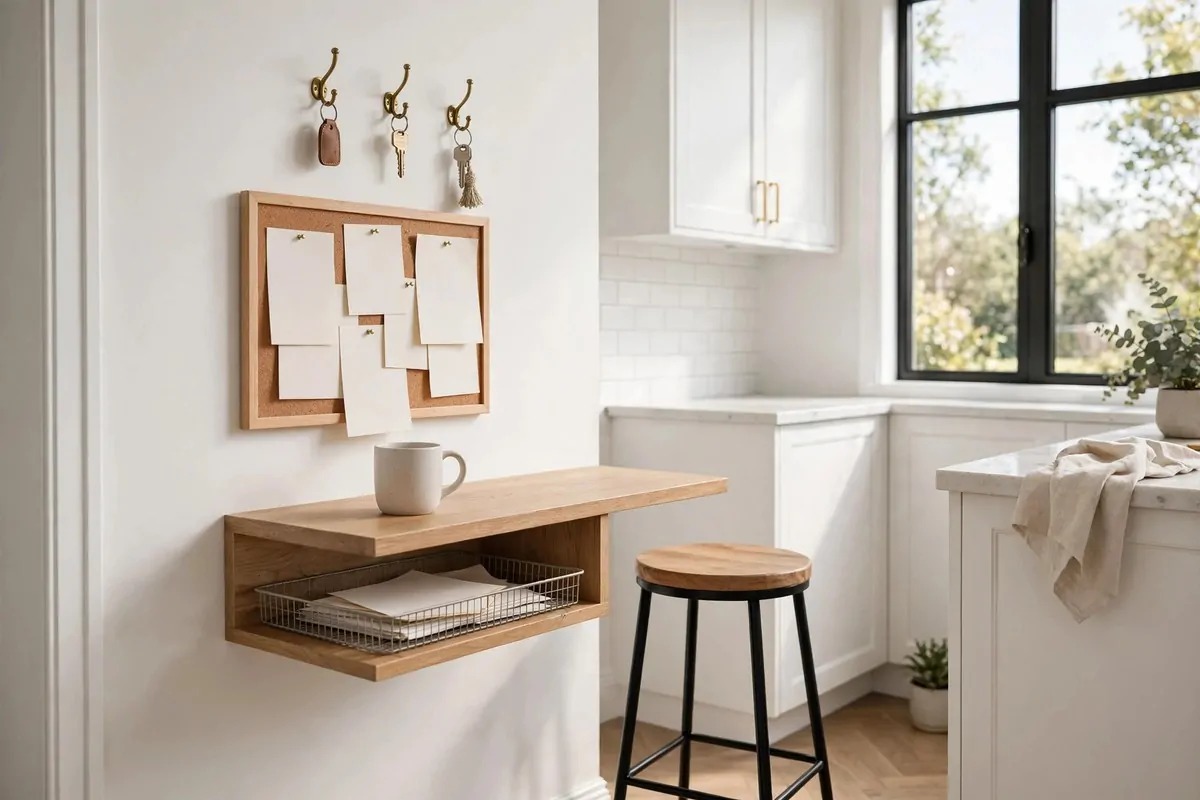 22 Home Office Nook Designs Tucked Into Tiny Corners 14 Compact desk in a kitchen corner near a window with coffee mug and notebook