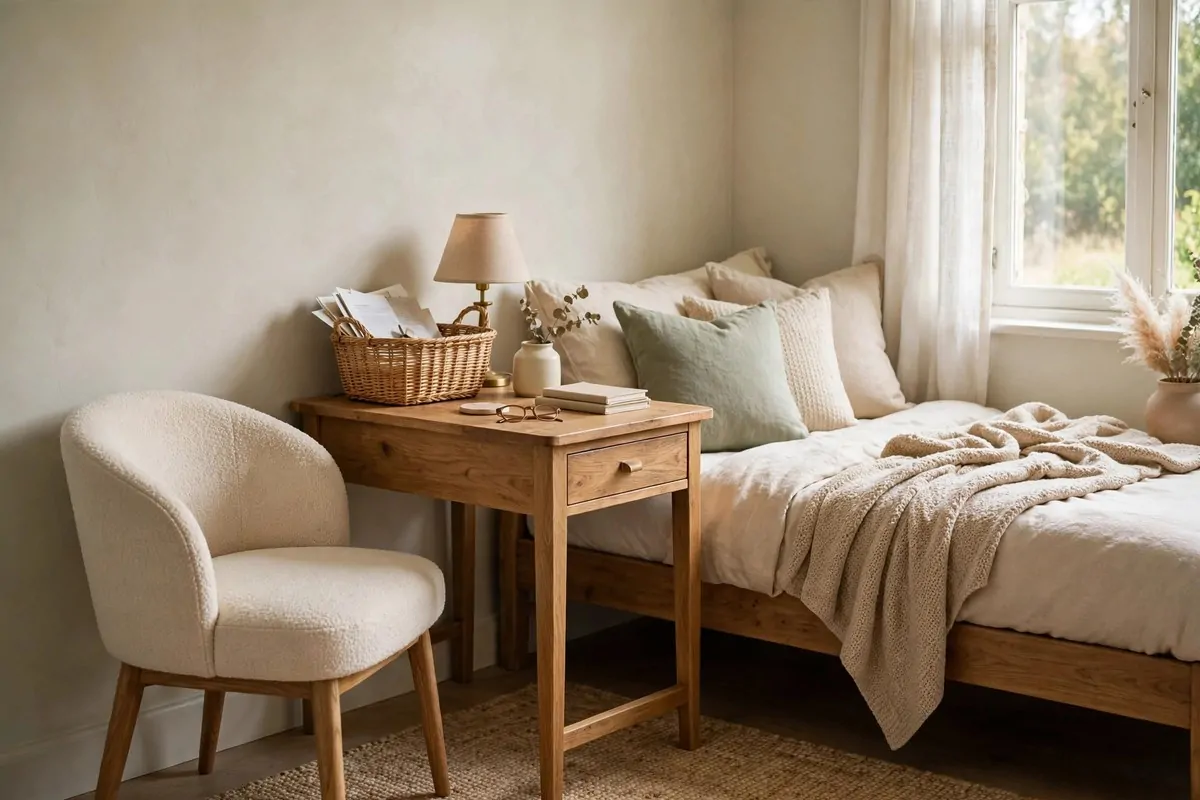 22 Home Office Nook Designs Tucked Into Tiny Corners 15 Compact desk in a guest room corner with a daybed and soft lighting