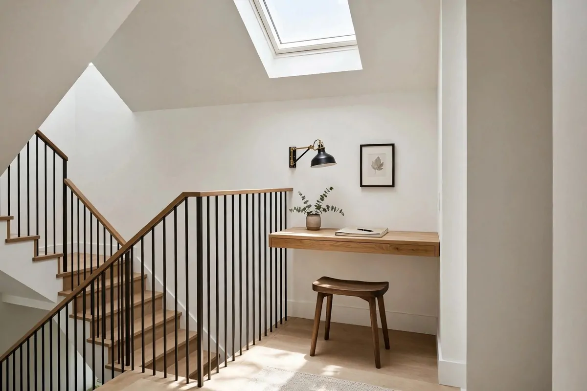 22 Home Office Nook Designs Tucked Into Tiny Corners 16 Small desk on a wide stair landing with railing and warm lamp