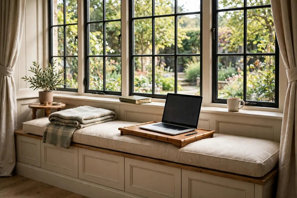 22 Home Office Nook Designs Tucked Into Tiny Corners 17 Window seat with cushions used as a desk with laptop and soft daylight