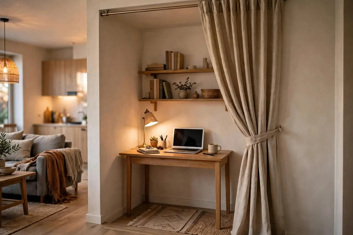 22 Home Office Nook Designs Tucked Into Tiny Corners 18 Office corner with a curtain panel drawn back revealing a small desk and shelves