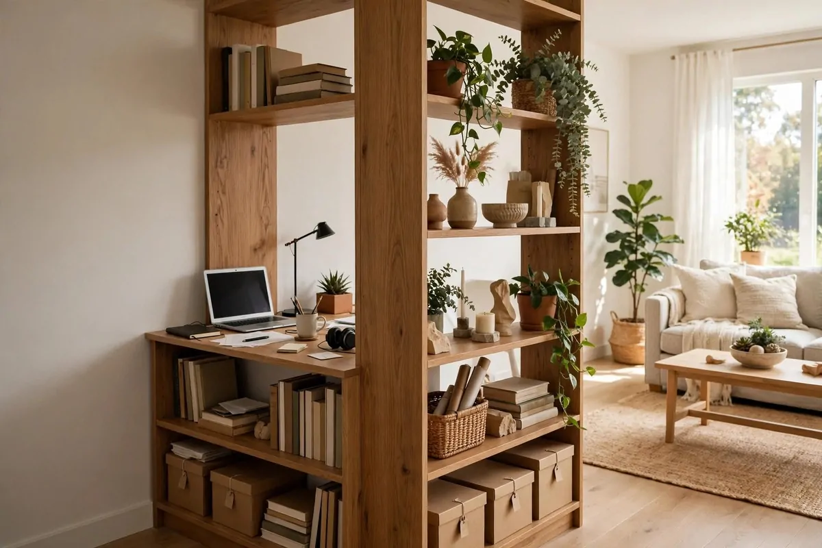 22 Home Office Nook Designs Tucked Into Tiny Corners 19 Open bookcase placed sideways in a corner dividing a small desk nook from the room
