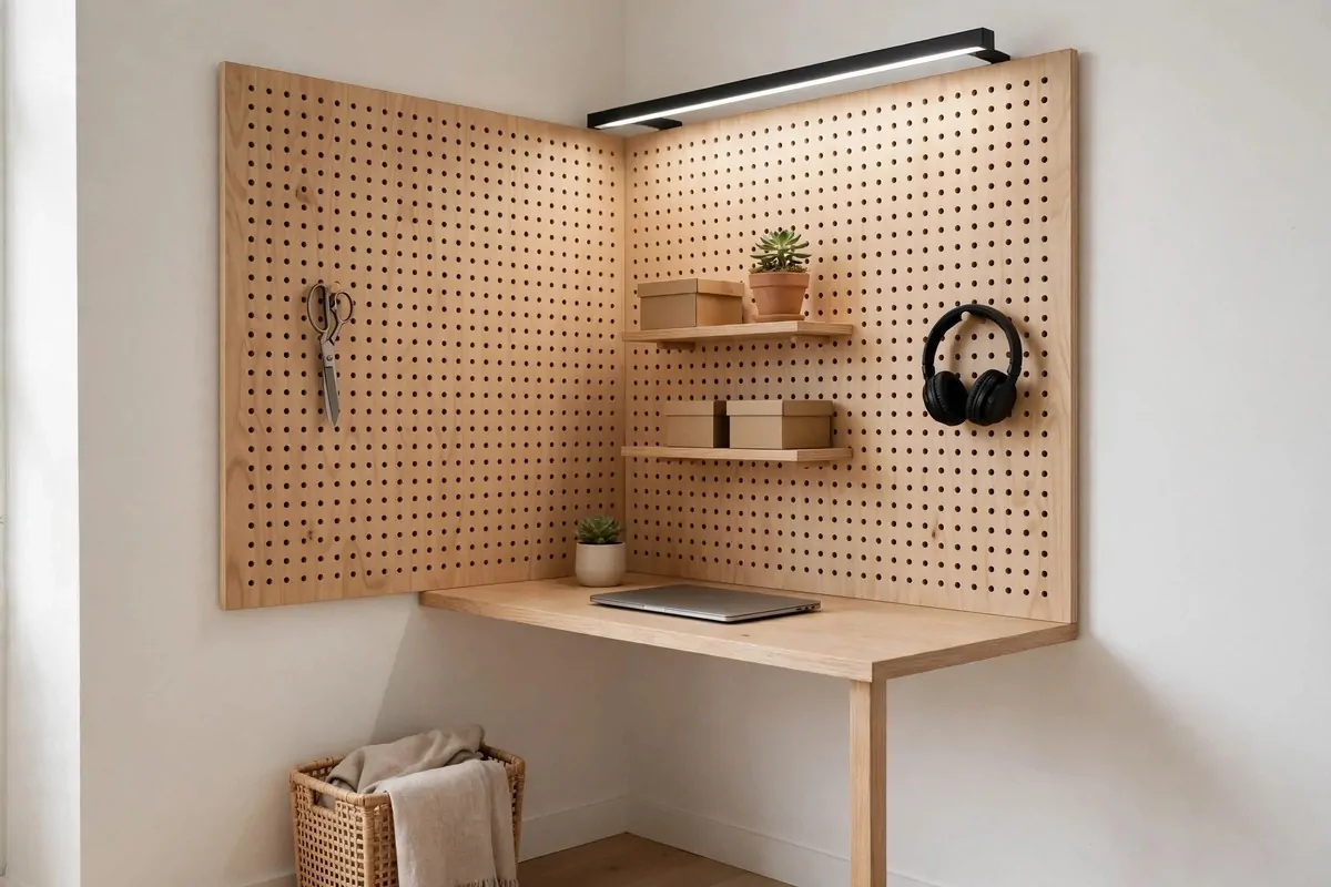 22 Home Office Nook Designs Tucked Into Tiny Corners 20 Pegboard wall with hooks and small shelves above a slim corner desk