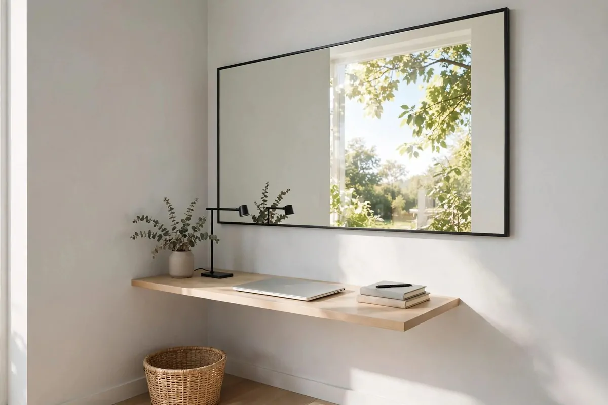 22 Home Office Nook Designs Tucked Into Tiny Corners 21 Small corner desk with a large mirror on the wall reflecting light and space