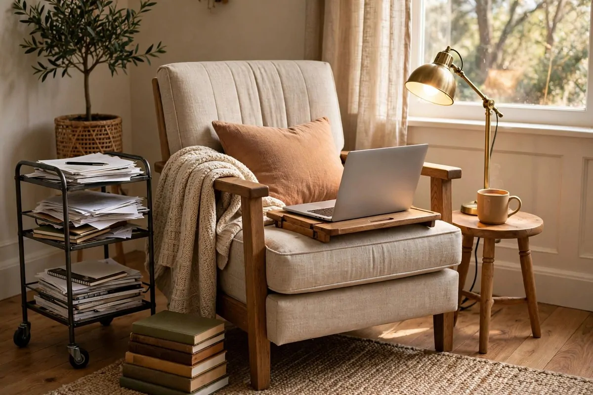 22 Home Office Nook Designs Tucked Into Tiny Corners 22 Cozy reading corner with armchair side table and lamp arranged as a work nook