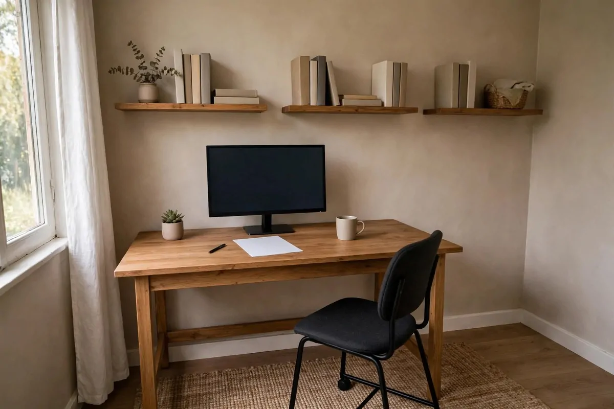 22 Home Office Room Layouts That Make the Most of Every Inch 1 A wooden desk placed against the longest wall of a small home office, with a monitor, floating shelves above, and a chair on a rug.