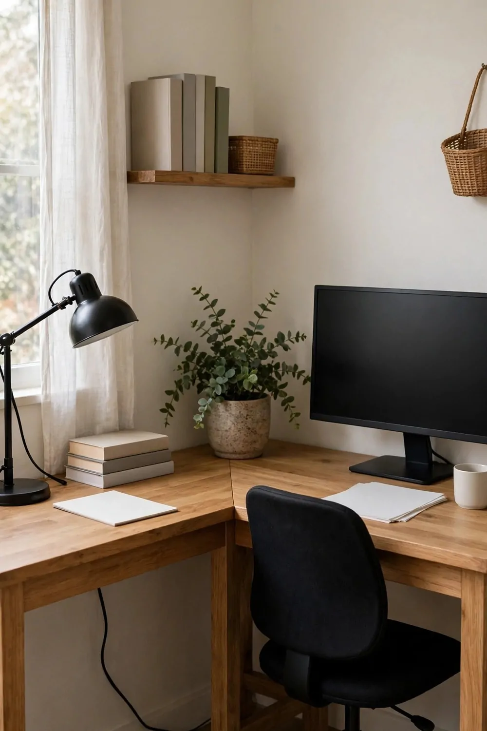 22 Home Office Room Layouts That Make the Most of Every Inch 2 An L-shaped corner desk setup with two work surfaces, a chair, a lamp, and a plant in a small home office corner.