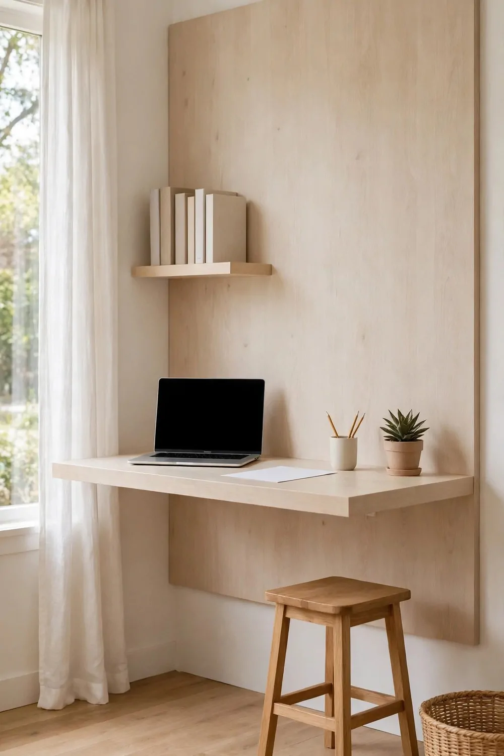 22 Home Office Room Layouts That Make the Most of Every Inch 3 A wall-mounted floating desk with clear floor space below, a stool, and a small shelf in a bright home office.