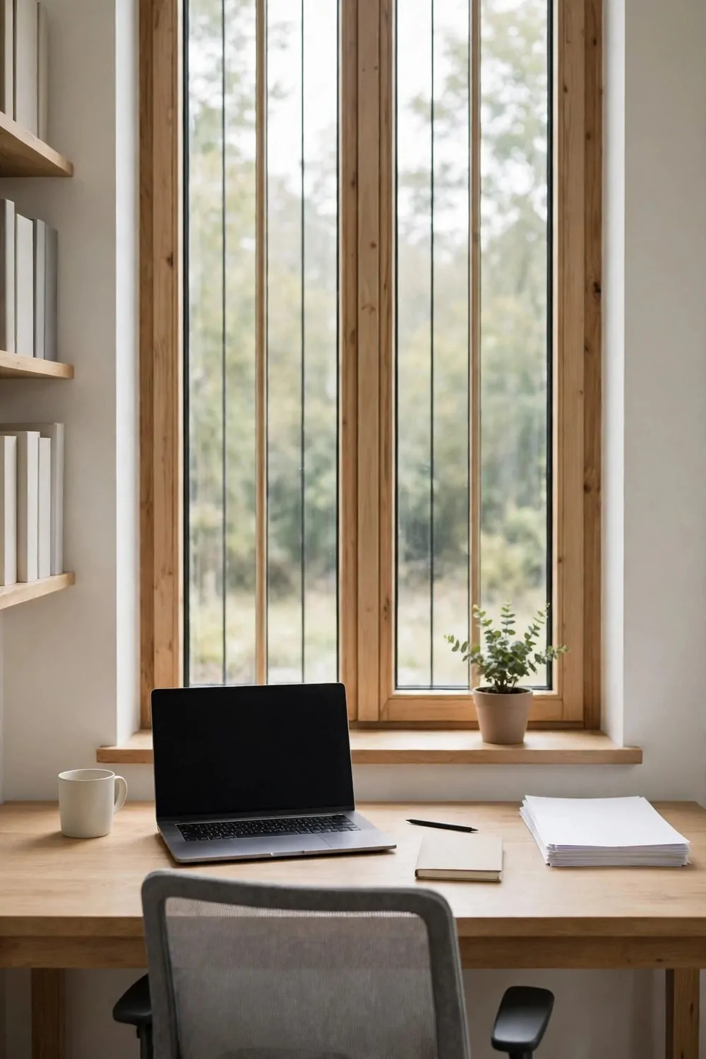 22 Home Office Room Layouts That Make the Most of Every Inch 4 A home office desk facing a tall window with soft daylight, a small plant on the sill, and a chair.