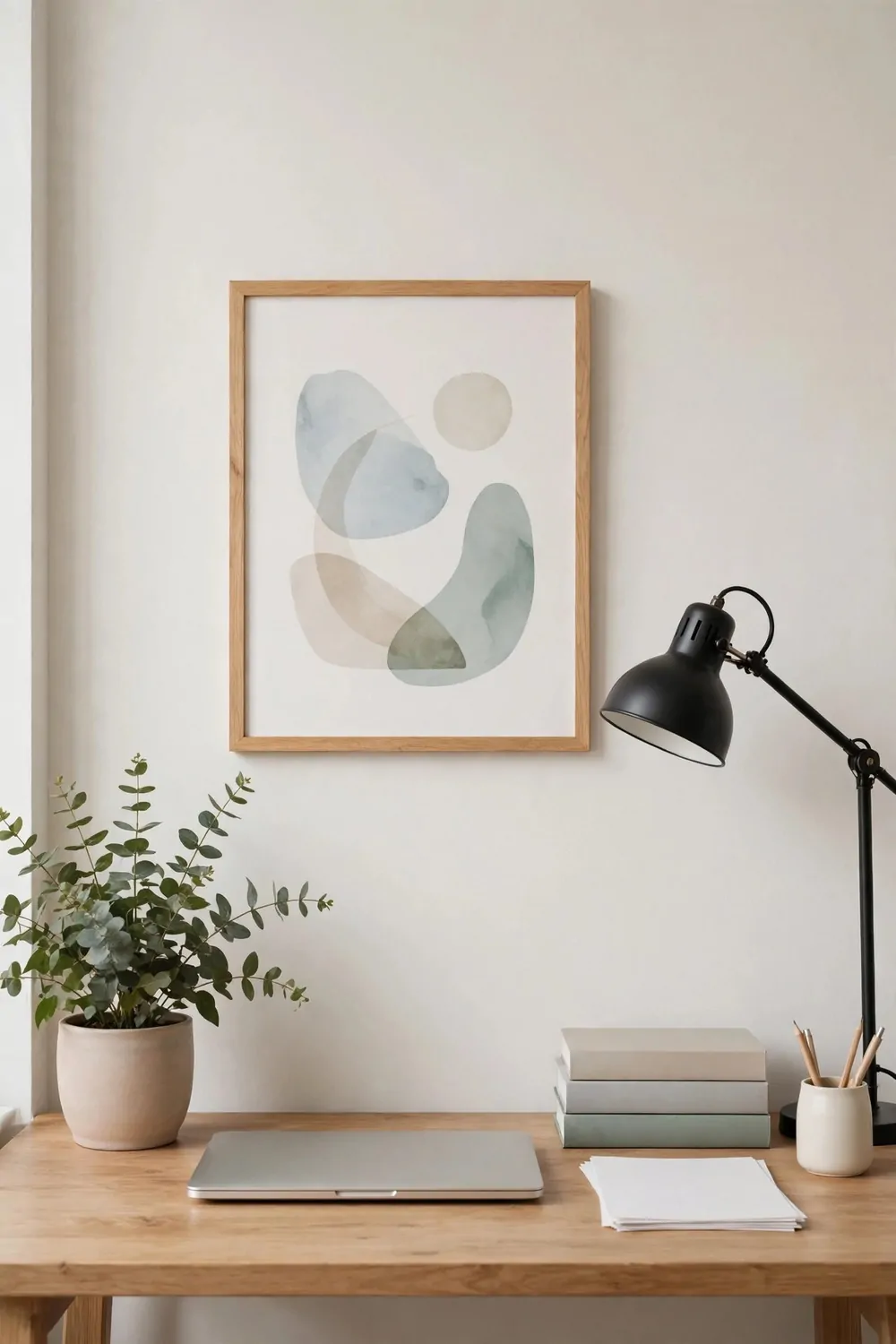22 Home Office Room Layouts That Make the Most of Every Inch 5 A tidy desk against a plain wall with a framed print, a lamp, and a plant, set up as a clean video call backdrop.