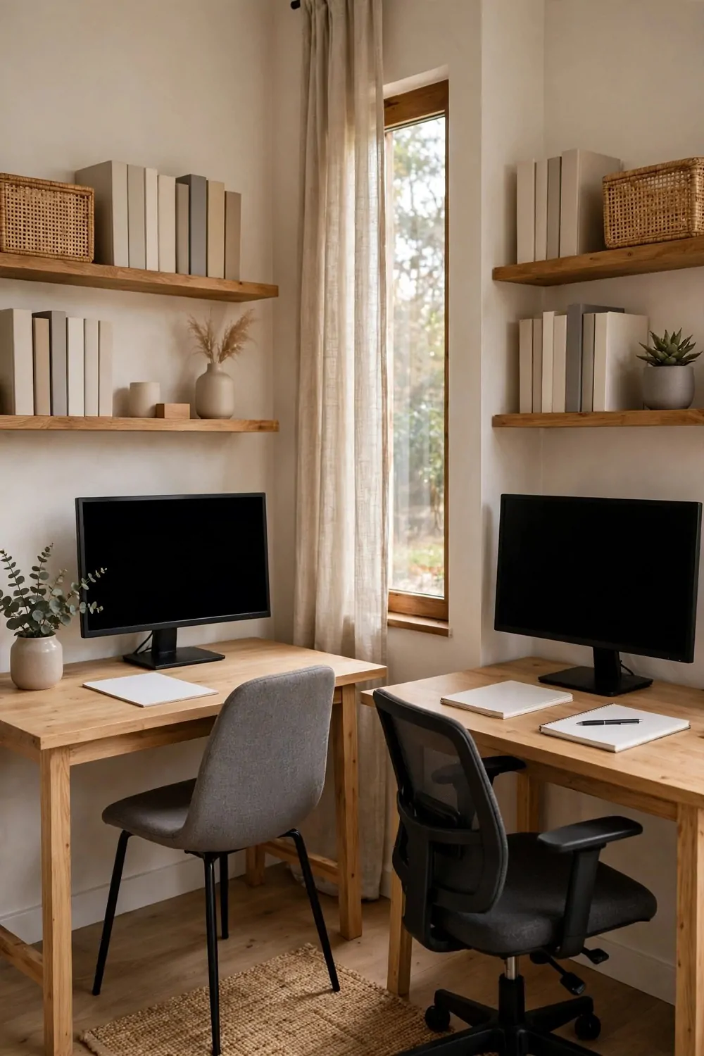 22 Home Office Room Layouts That Make the Most of Every Inch 6 A small home office with two desks on the two walls meeting at a corner window, two chairs, and shelves, arranged for two people.