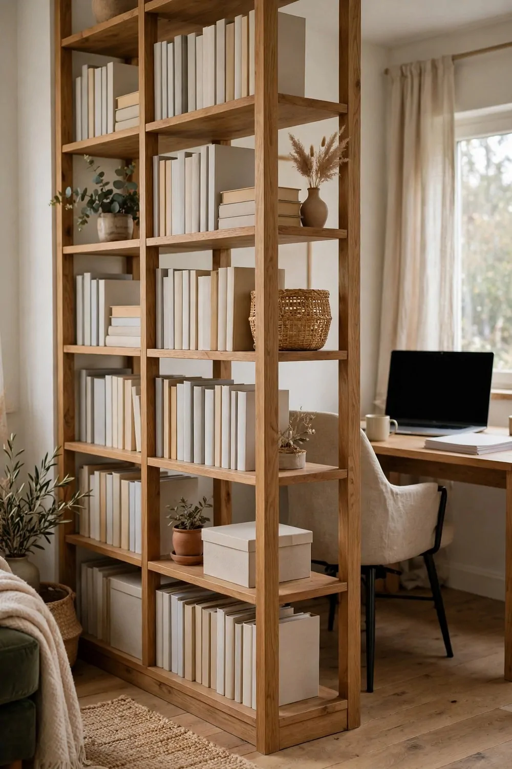 22 Home Office Room Layouts That Make the Most of Every Inch 7 A tall bookcase dividing a room with a desk and chair tucked behind it in a cozy home office zone.