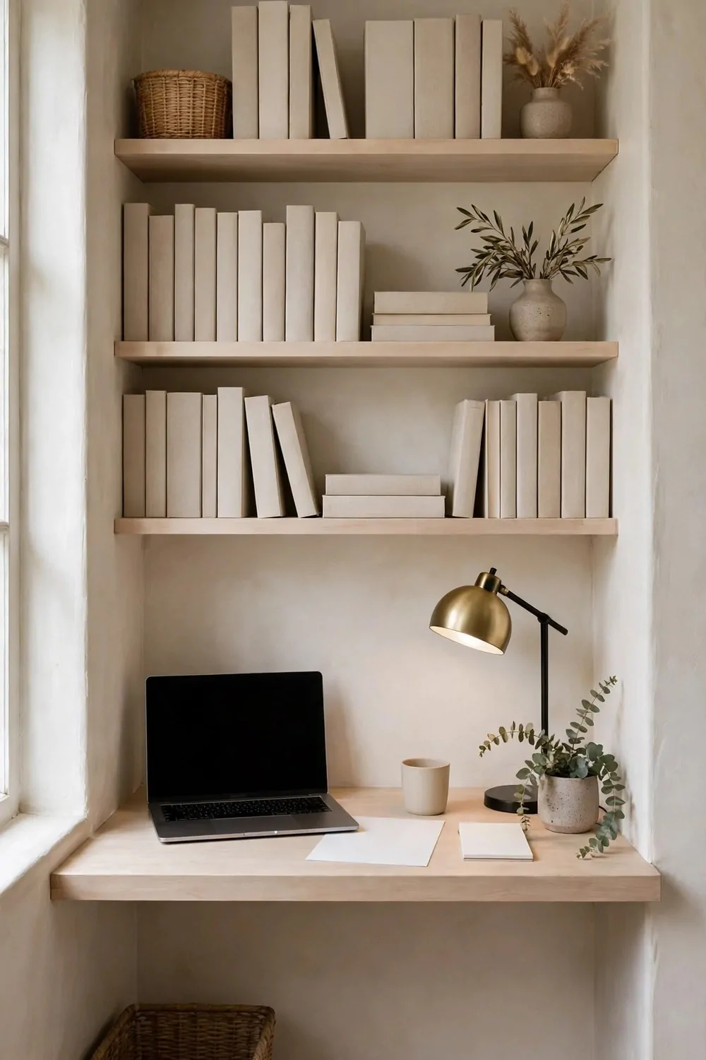 22 Home Office Room Layouts That Make the Most of Every Inch 8 A desk fitted neatly into a wall alcove with shelves above and a lamp in a small home office nook.
