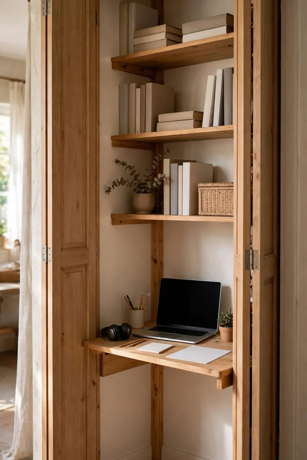22 Home Office Room Layouts That Make the Most of Every Inch 9 A small desk and shelves fitted inside an open closet with folding doors pushed back, forming a hidden home office.
