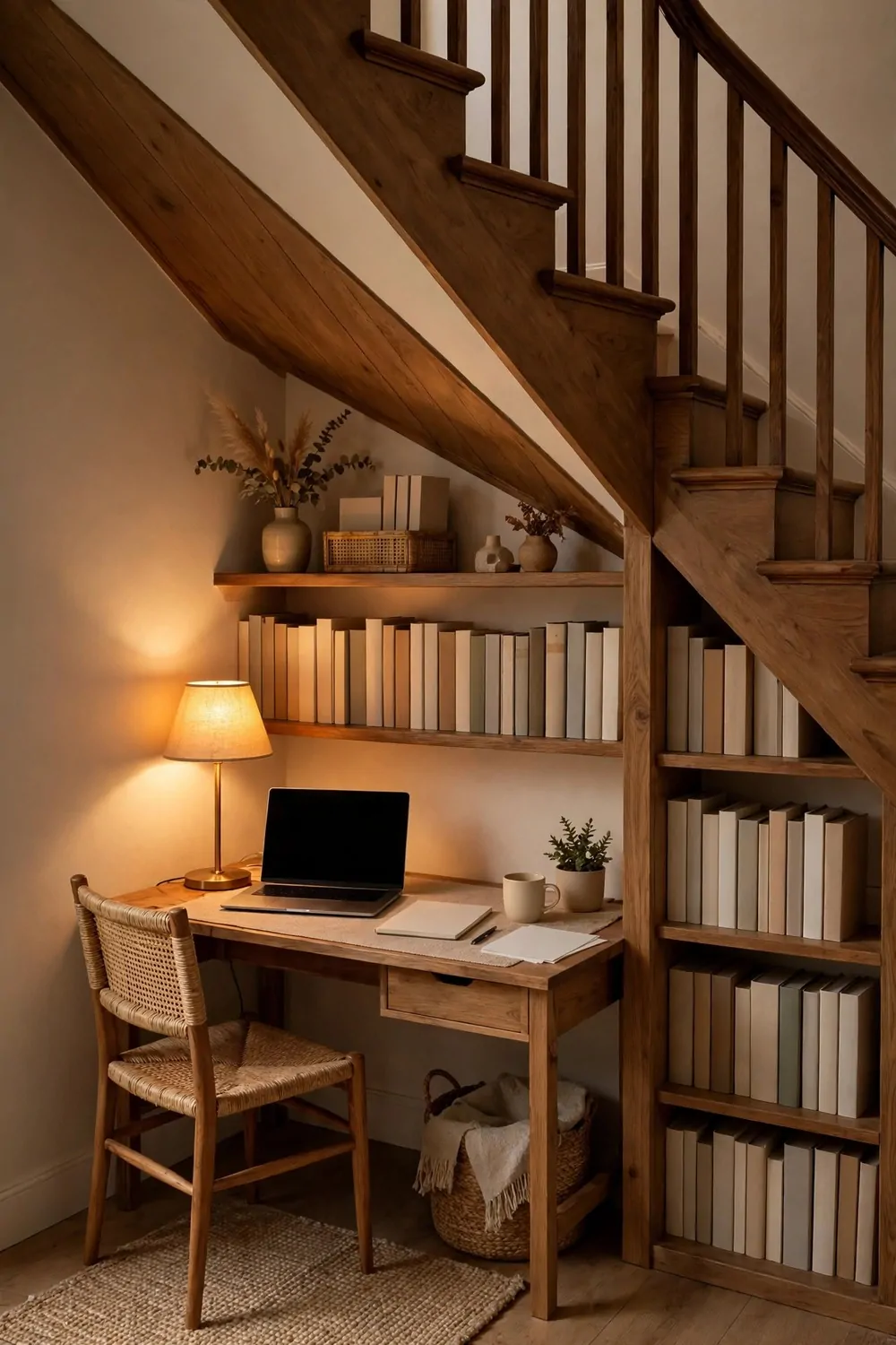 22 Home Office Room Layouts That Make the Most of Every Inch 10 A compact desk tucked under a staircase with a sloped ceiling, a warm lamp, and shelves in a cozy nook.