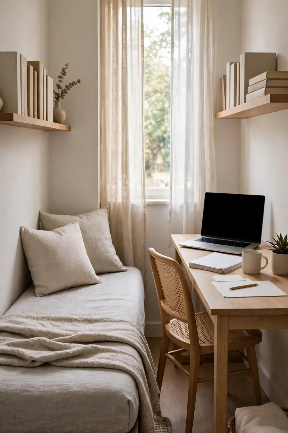 22 Home Office Room Layouts That Make the Most of Every Inch 11 A small room with a daybed along one wall and a desk with a chair on the other side, doubling as a guest spot.