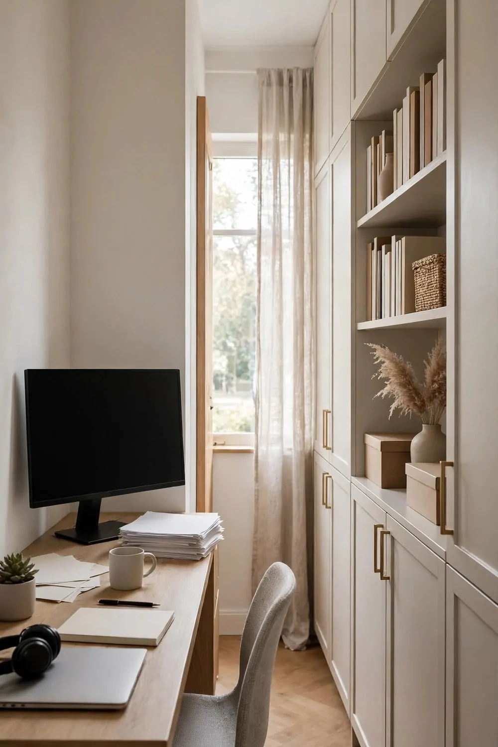 22 Home Office Room Layouts That Make the Most of Every Inch 12 A narrow galley home office with a desk along one wall and storage cabinets along the opposite wall.
