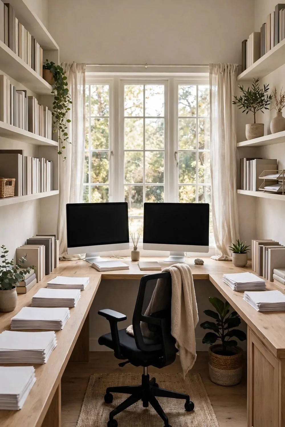 22 Home Office Room Layouts That Make the Most of Every Inch 13 A U-shaped desk layout wrapping around three walls of a larger home office, with a chair in the middle.