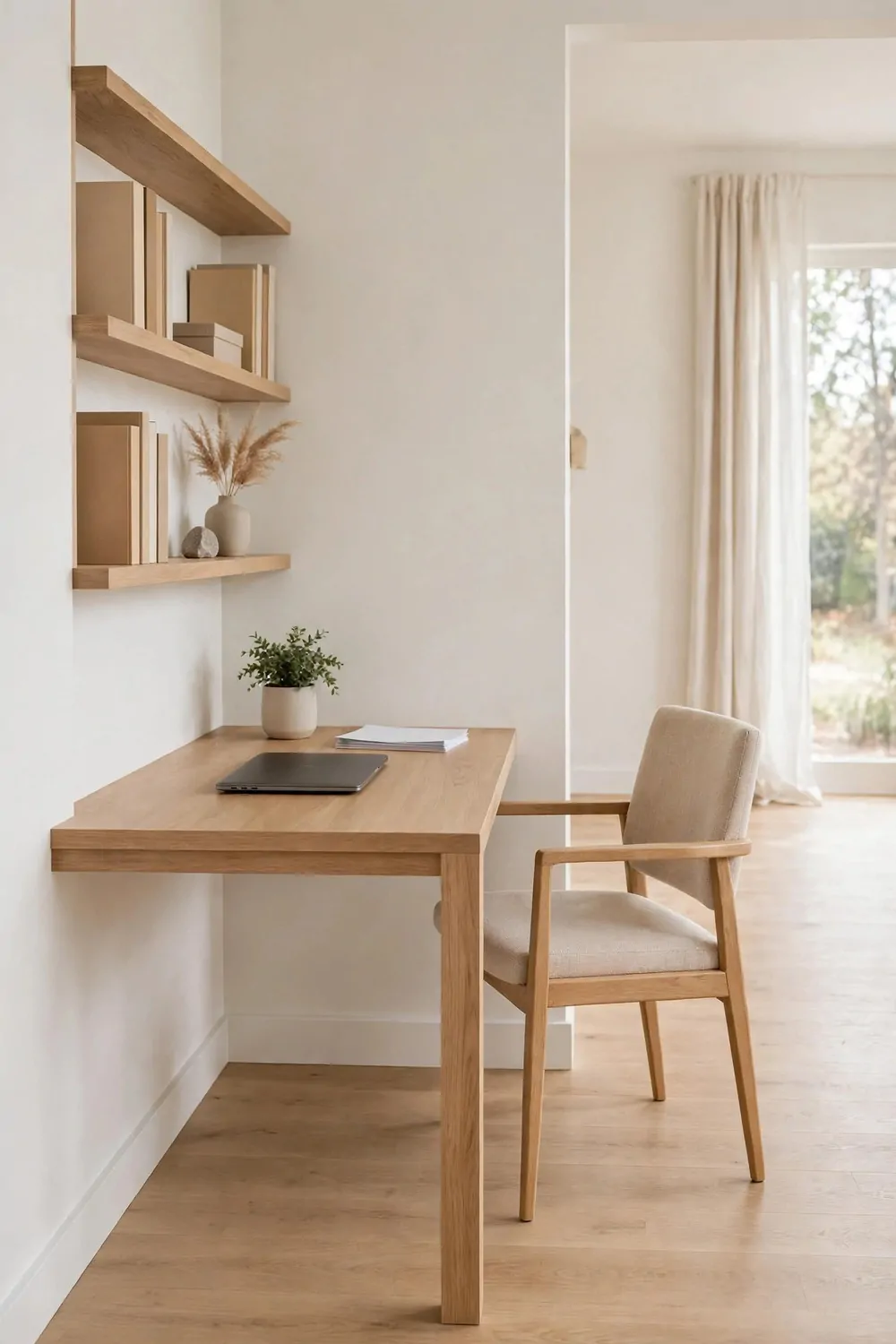 22 Home Office Room Layouts That Make the Most of Every Inch 14 A peninsula desk jutting out from a wall into a home office, with a chair on one side and open floor around it.