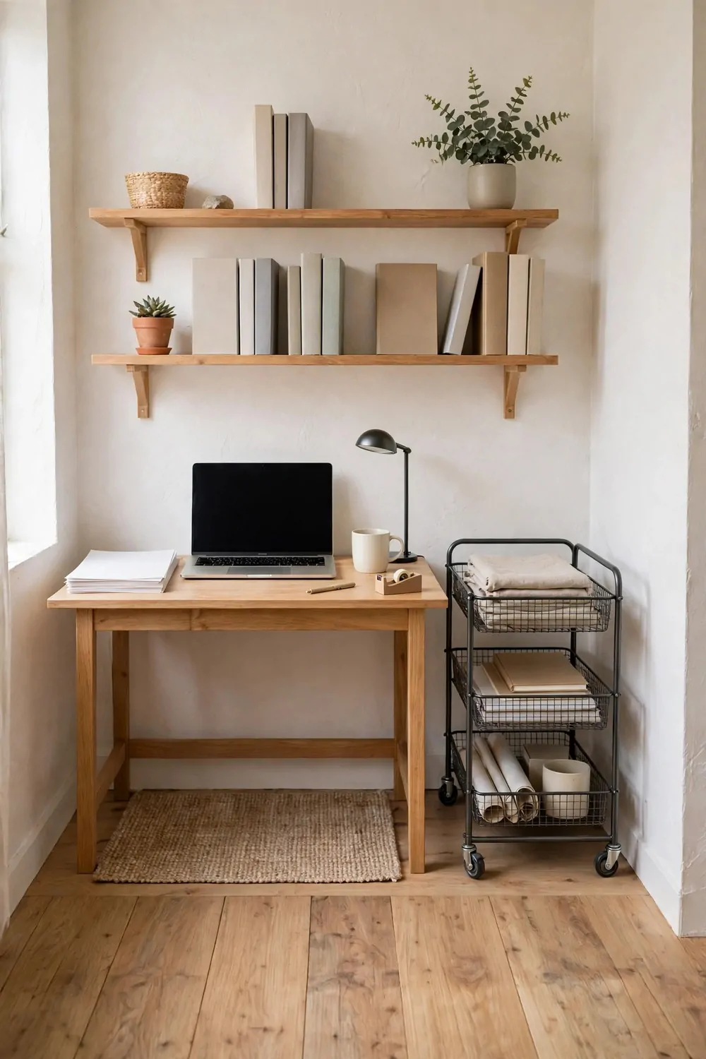22 Home Office Room Layouts That Make the Most of Every Inch 15 A tiny home office with a small desk and a rolling storage cart beside it, with shelves above.