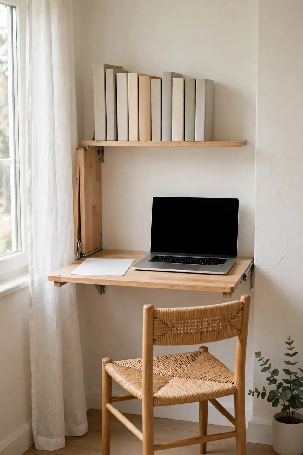 22 Home Office Room Layouts That Make the Most of Every Inch 16 A wall-mounted fold-down desk lowered open with a laptop on it, in a small bright room with a chair.
