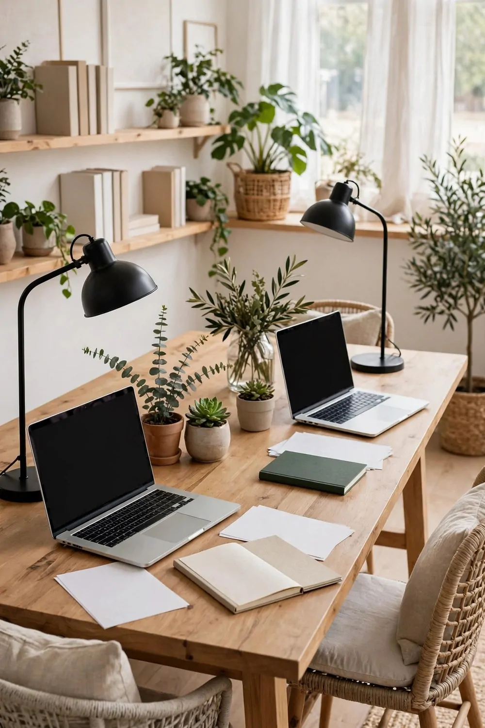 22 Home Office Room Layouts That Make the Most of Every Inch 17 A long shared table with two workstations, laptops, lamps, plants, and wicker chairs in a home office for two people.