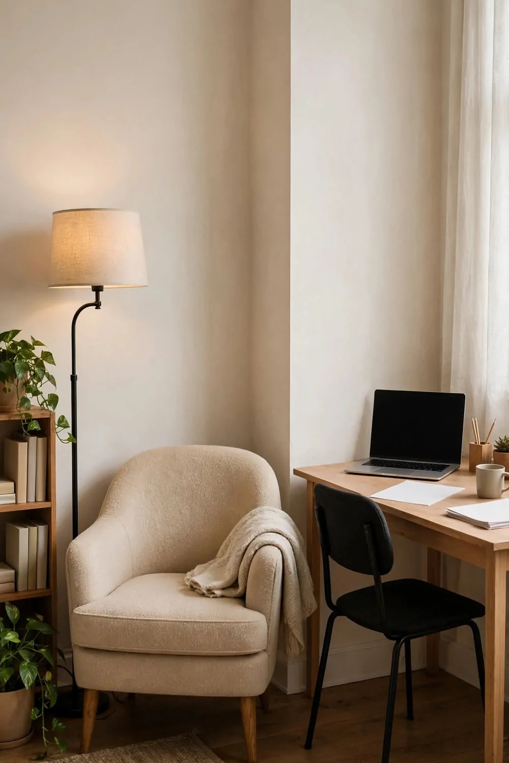22 Home Office Room Layouts That Make the Most of Every Inch 18 A home office with a reading armchair and floor lamp in one corner and a desk with a chair in the other.