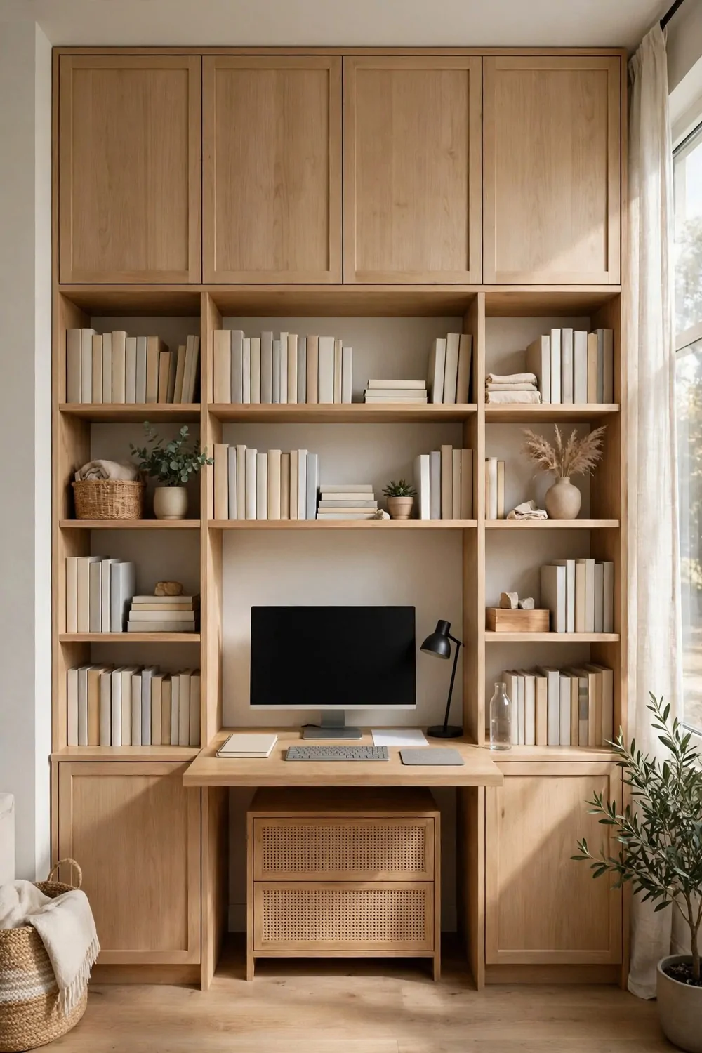22 Home Office Room Layouts That Make the Most of Every Inch 19 A full wall of cabinets and shelves with a desk fitted into the middle, in a tidy home office.